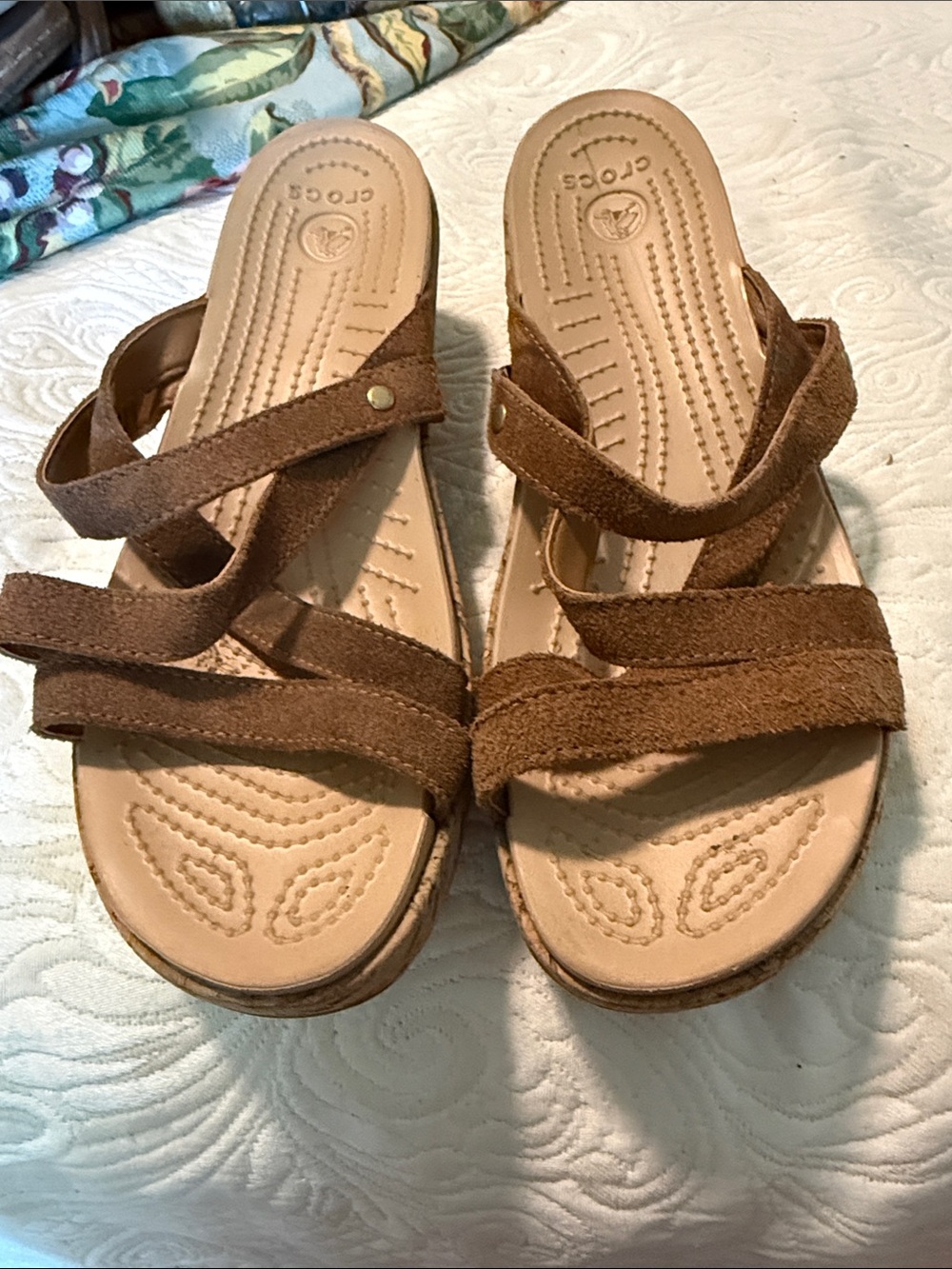 CROCS Women's Tan Suede-Strap Slide Sandals